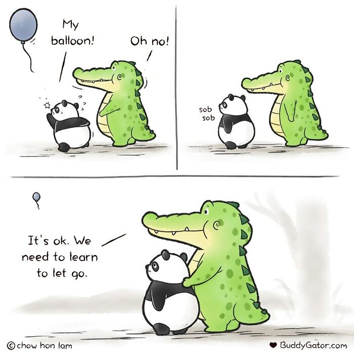 Comic panels featuring adorable animals including a panda and alligator teaching lessons about letting go and kindness.