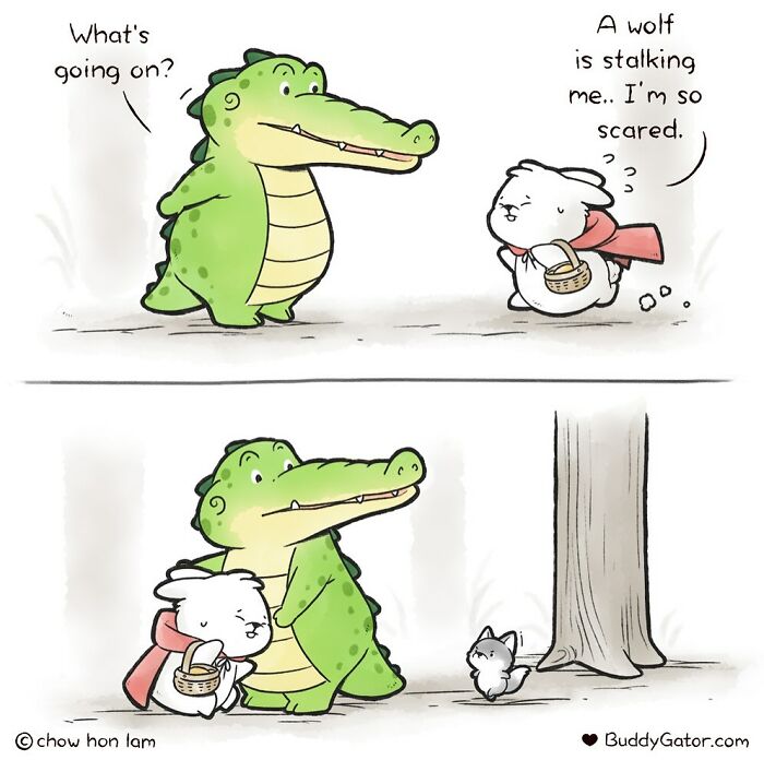 Comic panels showing an adorable alligator comforting a scared bunny, illustrating cute animals setting a good example.