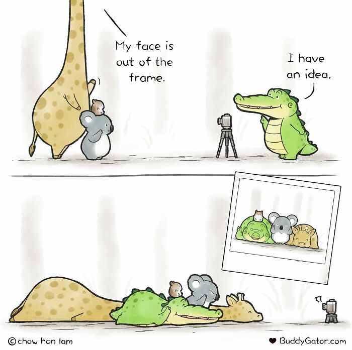 Comic of adorable animals including a giraffe, koala, mouse, and alligator posing for a playful photo by Buddy Gator.