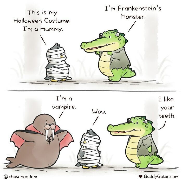 Adorable animal comics by Buddy Gator showing cute Halloween costumes with a mummy, vampire, and Frankenstein's monster.