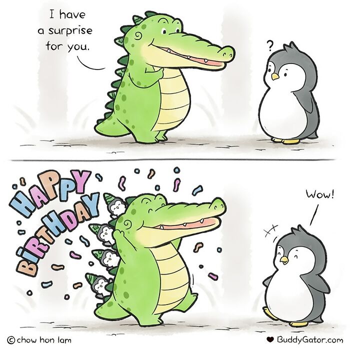 Cartoon of adorable animals, a green alligator surprising a happy penguin with a colorful birthday celebration.