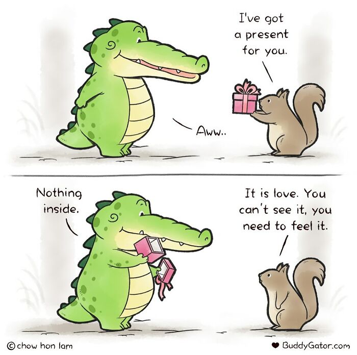 Comic featuring adorable animals, a crocodile and squirrel, teaching love and kindness in a heartwarming scene.