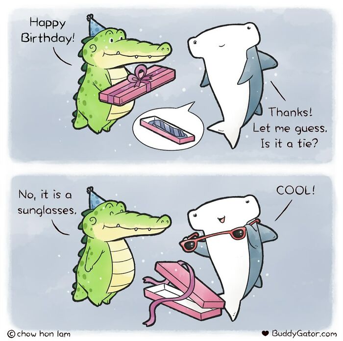 Cartoon of adorable animals exchanging gifts, highlighting cute interactions in new comics about animals by Buddy Gator.