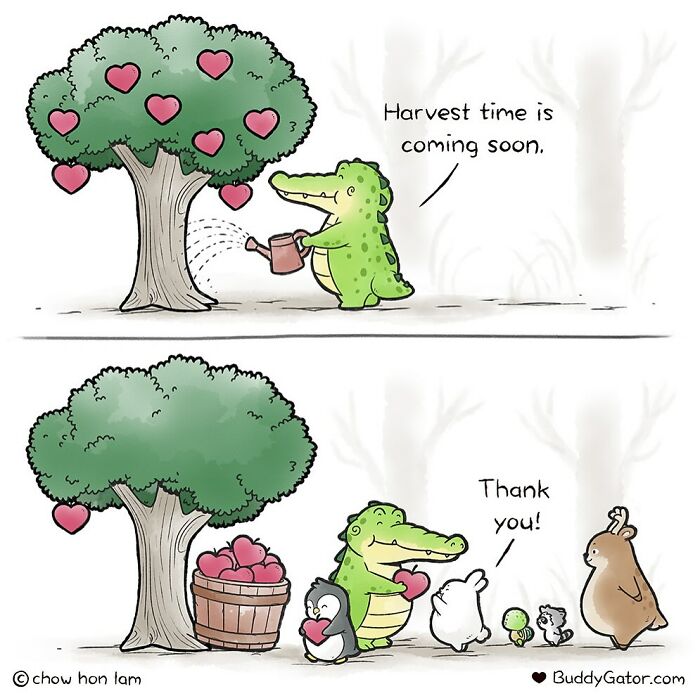 Cute animal comic showing an alligator gardening and sharing hearts with other adorable animals.