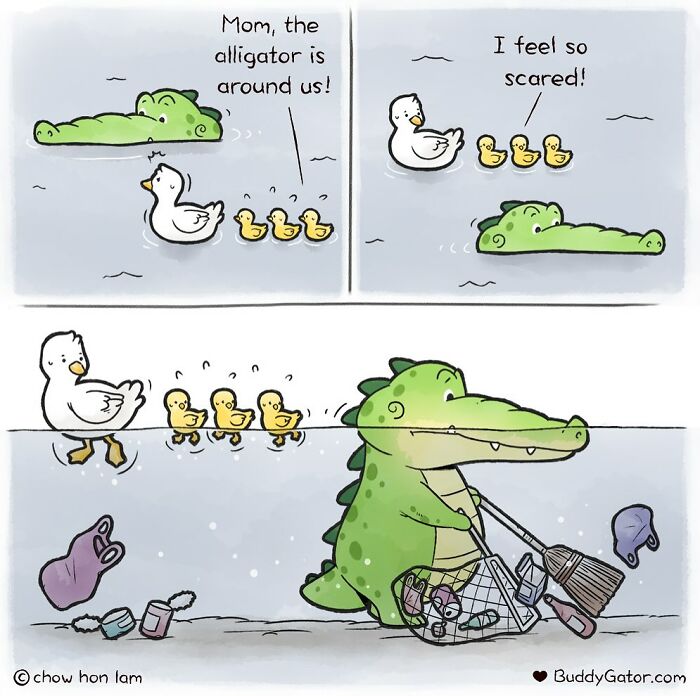 Comic of adorable animals with an alligator cleaning underwater while duck family watches nearby in a pond.