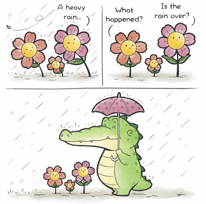 Comic featuring adorable animals with a kind alligator holding an umbrella protecting sad flowers from heavy rain.