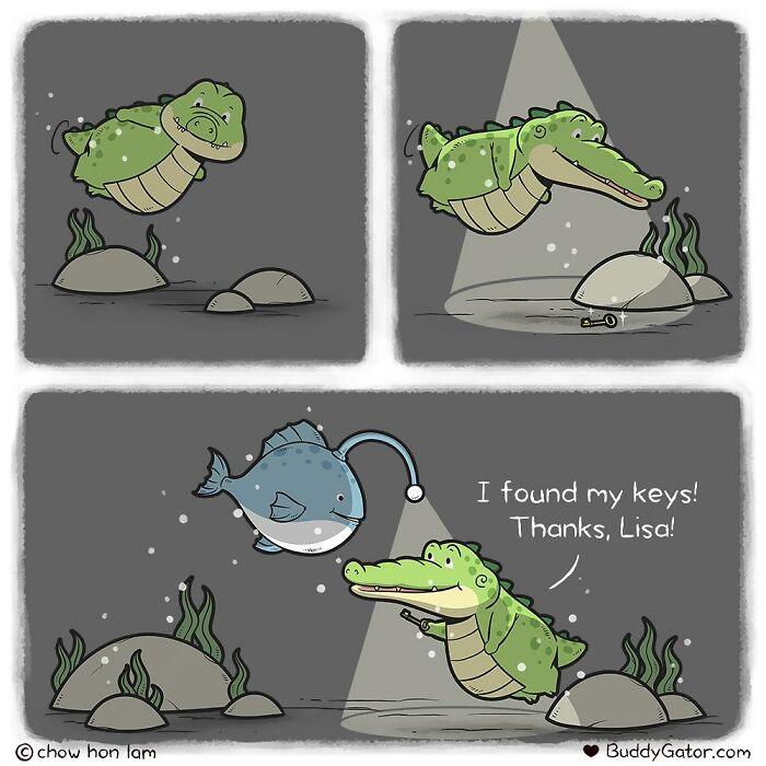 Comic of adorable animals underwater, featuring a cheerful alligator and a helpful anglerfish finding lost keys.