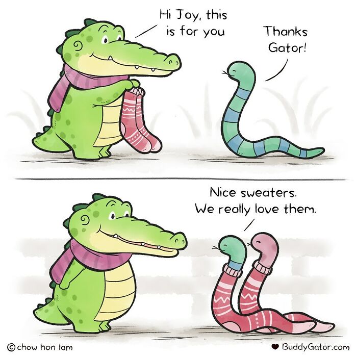 Cute comic panel featuring adorable animals, a friendly alligator giving cozy sweaters in a heartwarming scene.