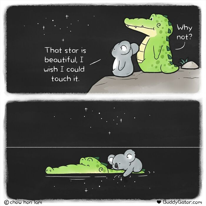 Cartoon comic featuring adorable animals under a starry sky, illustrating charming moments from Buddy Gator comics.