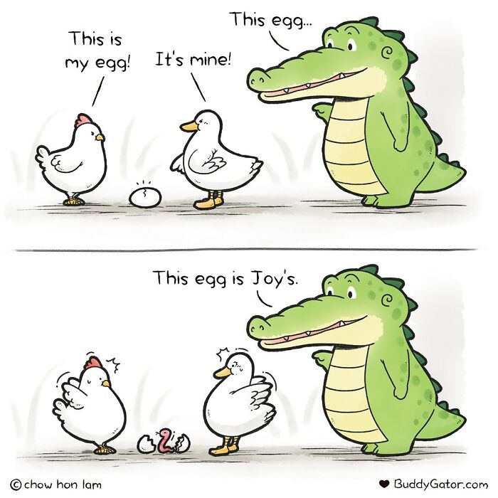 Comic strip showing adorable animals debating ownership of an egg, featuring a friendly alligator from Buddy Gator comics.