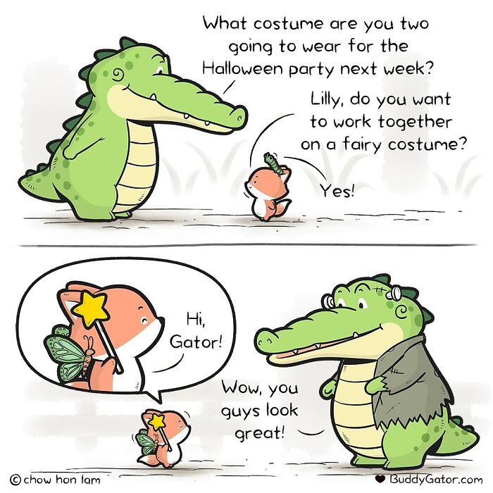 Comic featuring adorable animals planning Halloween costumes, showcasing lovable characters from Buddy Gator comics.