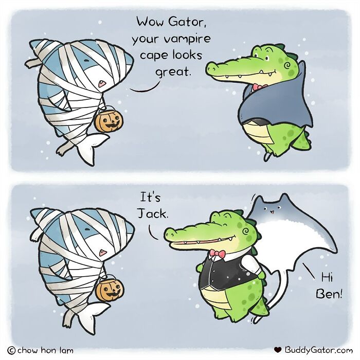 Comic strip featuring adorable animals with Halloween costumes, including an alligator and a mummy, by Buddy Gator.