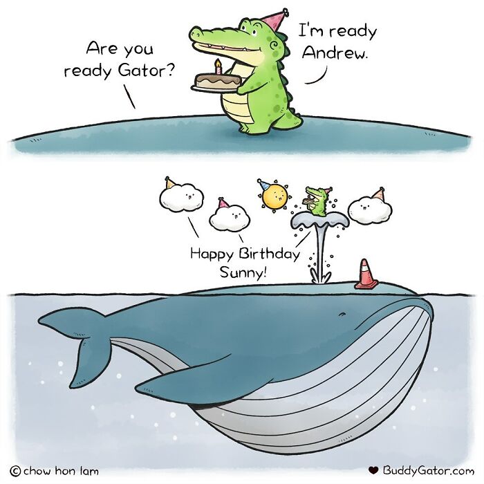 Comic of adorable animals featuring a birthday celebration with a party hat-wearing alligator and a whale in water.
