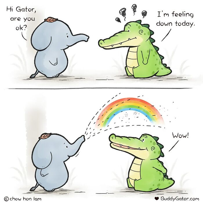 Cute comic of elephant cheering up a sad alligator with a rainbow, featuring adorable animals and positive example messages.