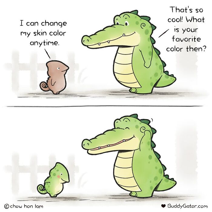 Comic panels showing adorable animals, a chameleon and an alligator, illustrating change and kindness from Buddy Gator.