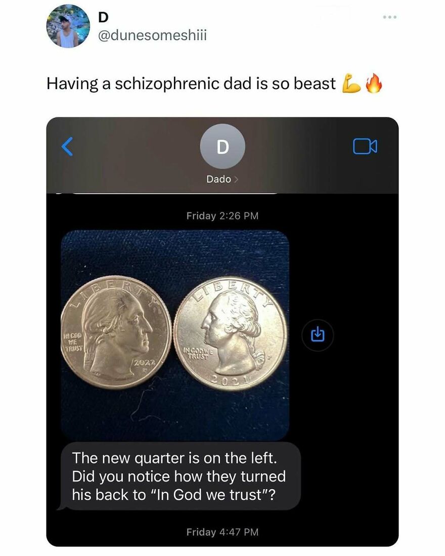 Screenshot of a humorous dad text about new quarters, illustrating a popular dad meme and joke shared online.
