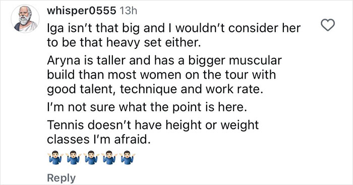 Alt text: Social media comment debating muscular build and talent of women tennis stars amid testosterone remark controversy. Alt text: Social media comment debating muscular build and talent of women tennis stars amid testosterone remark controversy.