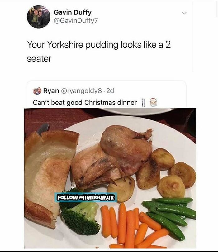 British humor meme comparing Yorkshire pudding and Christmas dinner with roast chicken and vegetables on a plate.