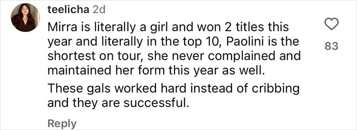 Screenshot of a social media comment defending tennis players amid controversy over testosterone remark and rival’s bikini response. Screenshot of a social media comment defending tennis players amid controversy over testosterone remark and rival’s bikini response.