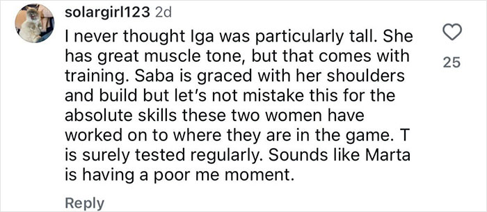 Comment discussing muscle tone and training in a tennis star’s testosterone remark amid rival’s bikini pics uproar. Comment discussing muscle tone and training in a tennis star’s testosterone remark amid rival’s bikini pics uproar.