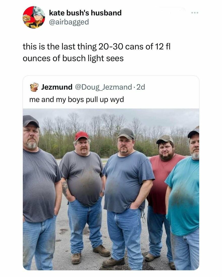 Group of five dads in casual clothes standing outside, illustrating memes and jokes about dads all looking similar.