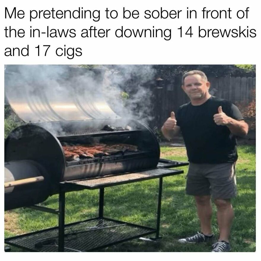 Man giving thumbs up by a smoky backyard grill, illustrating a dad joke about pretending to be sober after drinks and cigarettes.