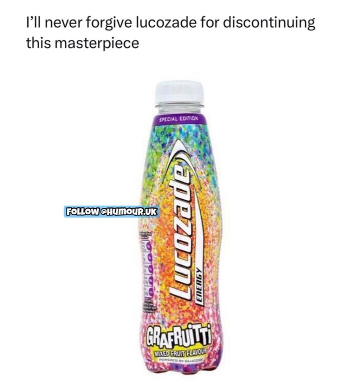 Colorful Lucozade bottle with text expressing disappointment over its discontinuation in unapologetically British memes and posts.