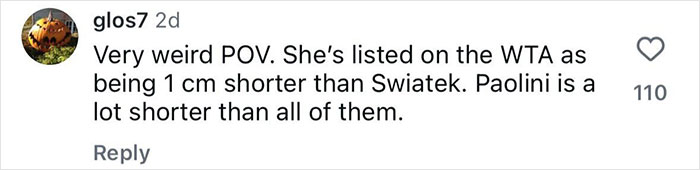 Social media comment discussing tennis players' heights amid tennis star’s testosterone remark controversy. Social media comment discussing tennis players' heights amid tennis star’s testosterone remark controversy.