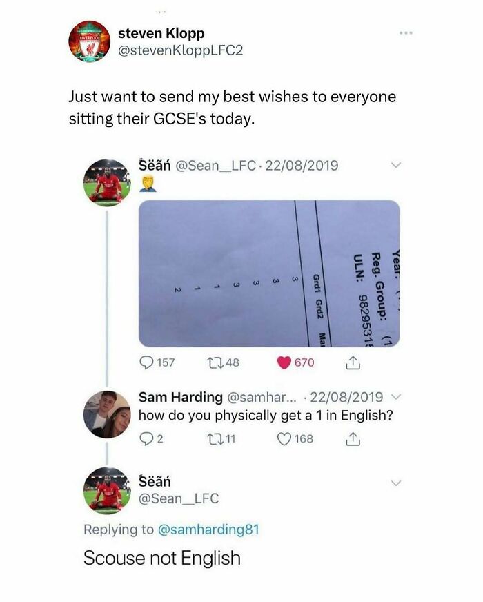 Screenshot of a British meme discussing GCSE grades with a humorous unapologetically British reply about language.