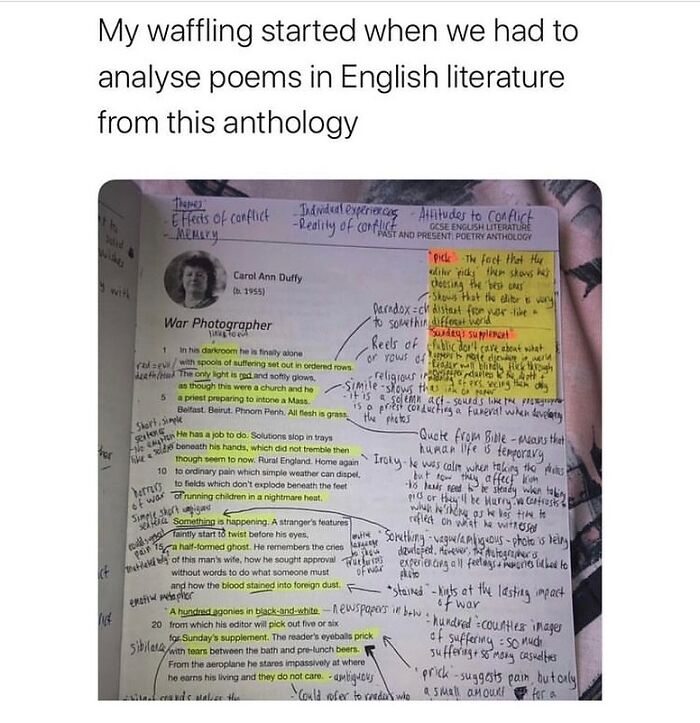 Annotated poem page from English literature anthology with detailed notes, highlighting British culture and unapologetic British humor.