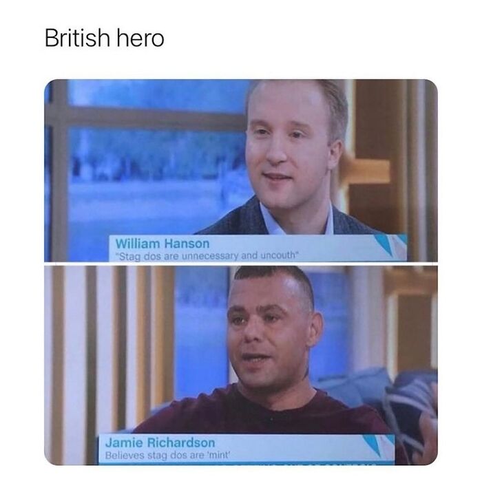 Two men on a TV show debate stag dos, highlighting unapologetically British opinions in a humorous meme format.