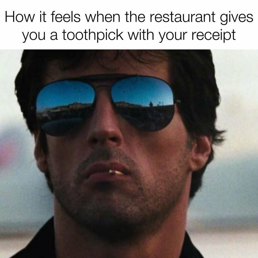 Close-up of man wearing sunglasses with a toothpick in his mouth, captioned about dads and restaurant receipts.