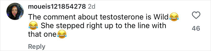 Commenter reacting to tennis star’s testosterone remark, describing it as wild and stepping right up to the line with humor. Commenter reacting to tennis star’s testosterone remark, describing it as wild and stepping right up to the line with humor.