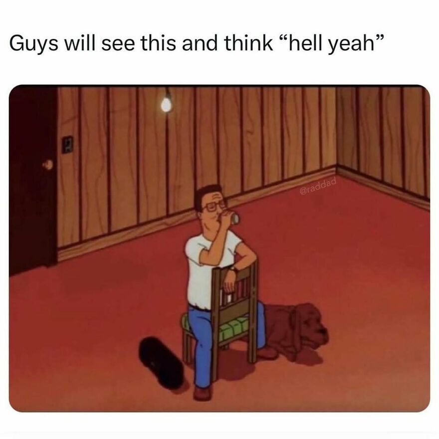 Cartoon of a man drinking while sitting backwards on a chair with a dog lying nearby, illustrating dad memes and jokes.