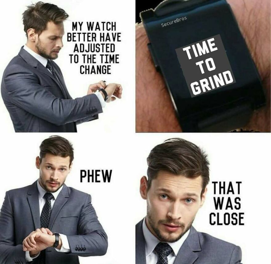 Man in suit checking smartwatch with funny text, a humorous take on alpha males and time management.