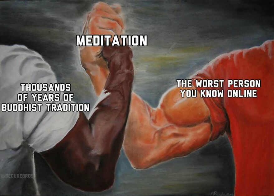 Two muscular arms clasped in a handshake labeled meditation, symbolizing unity between tradition and online conflict in alpha male humor.