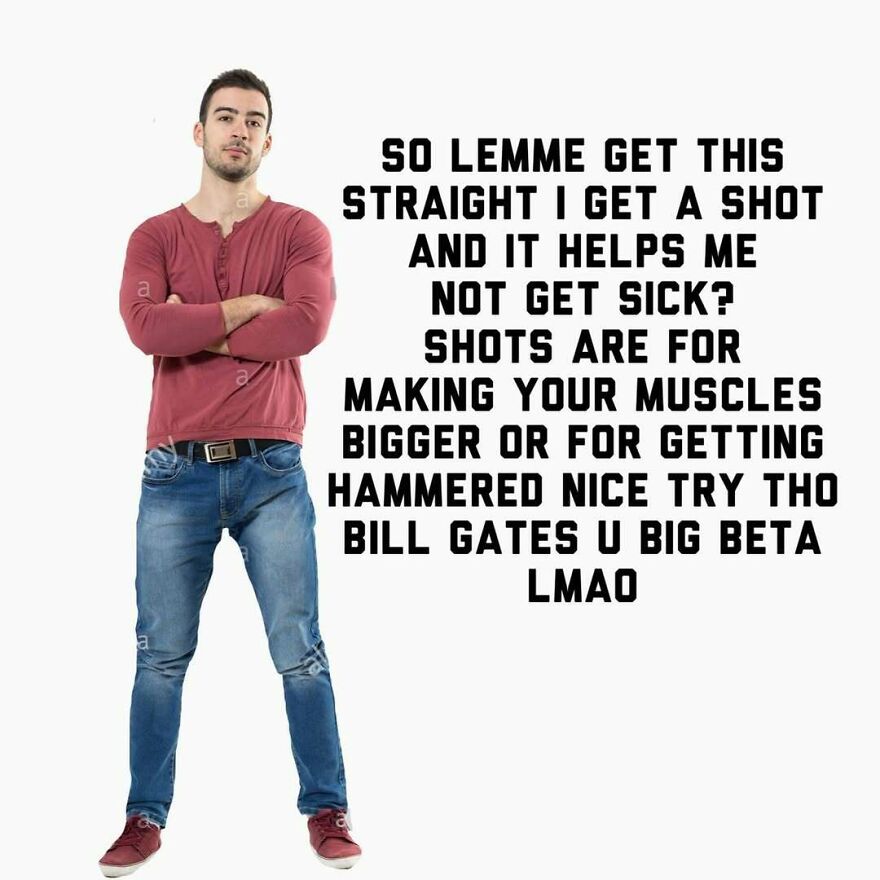 Young man in casual clothes standing with arms crossed next to humorous text mocking alpha males and shots for muscles or drinking.