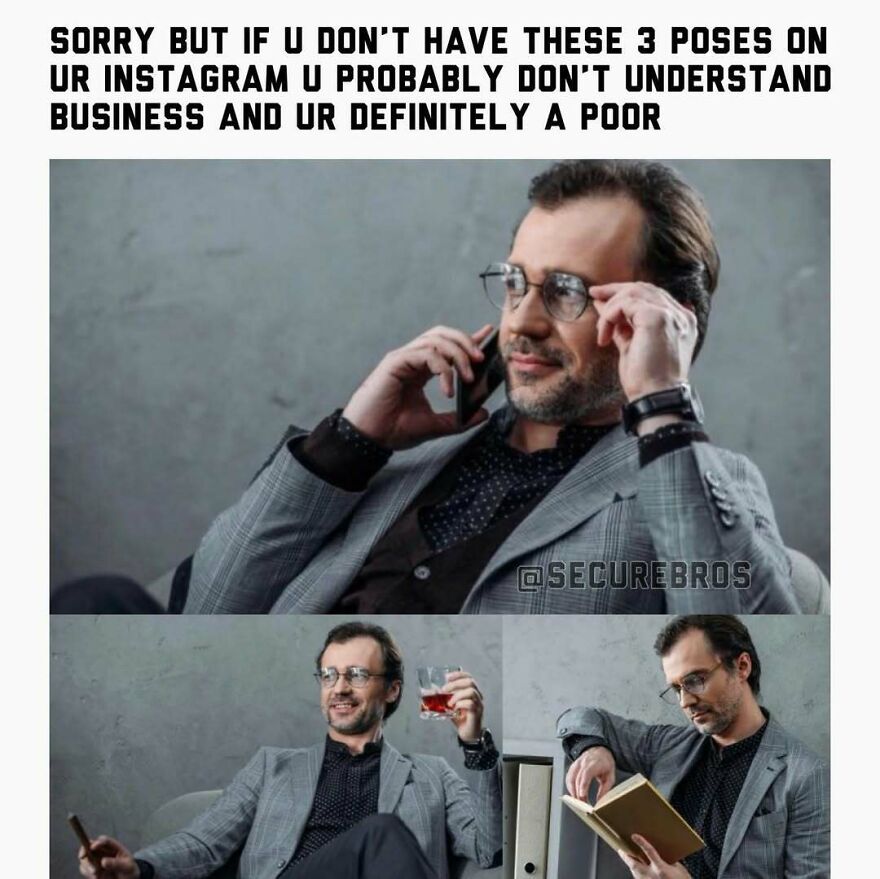 Man in a suit with glasses posing in three different alpha male business style confident shots indoors.