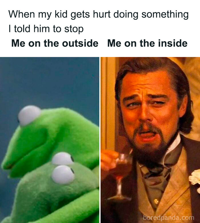 Side-by-side meme showing parenting emotions with Kermit the Frog hugging and Leonardo DiCaprio laughing, relatable parenting memes humor.