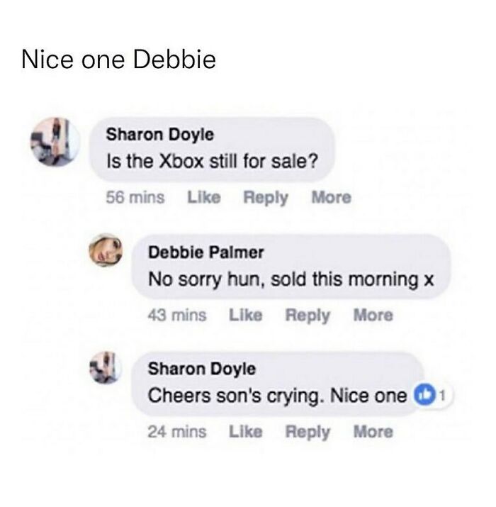 Facebook conversation showing a British meme with playful banter about selling an Xbox and a crying child.