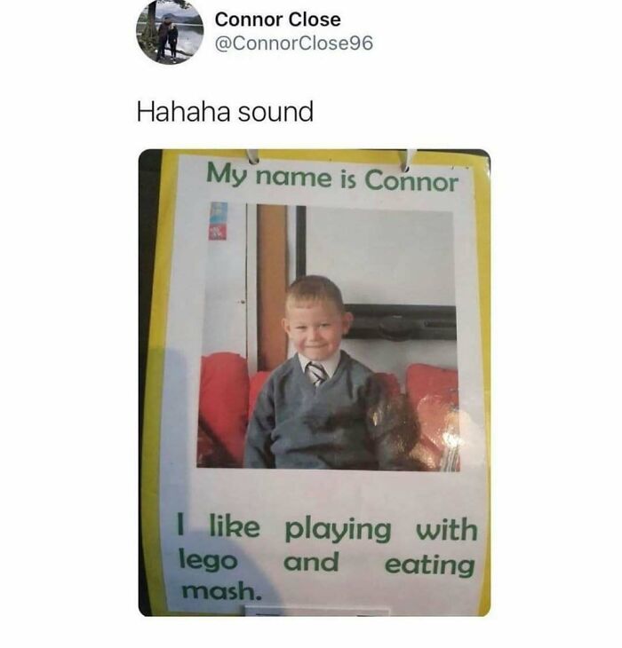 British meme featuring a child's school poster with classic British humor about playing with Lego and eating mash.