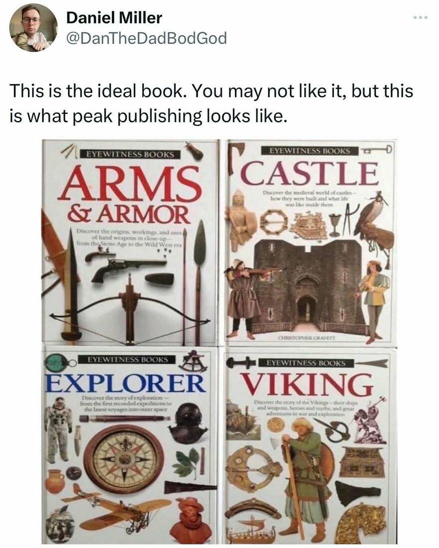 Twitter post showing vintage Eyewitness Books on arms and armor, castles, explorers, and Vikings, relating to dad memes and jokes.