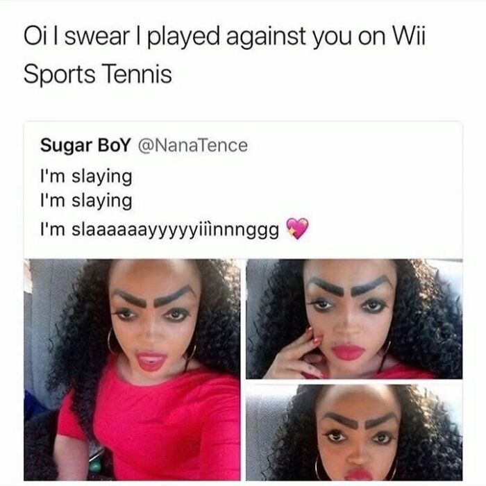A British meme with a woman making funny faces and a tweet about playing Wii Sports Tennis, showcasing unapologetically British humor.