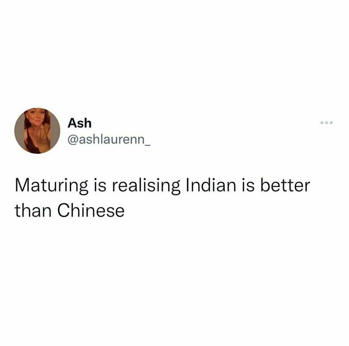 Social media post humor comparing Indian and Chinese food, reflecting unapologetically British meme style and opinions.