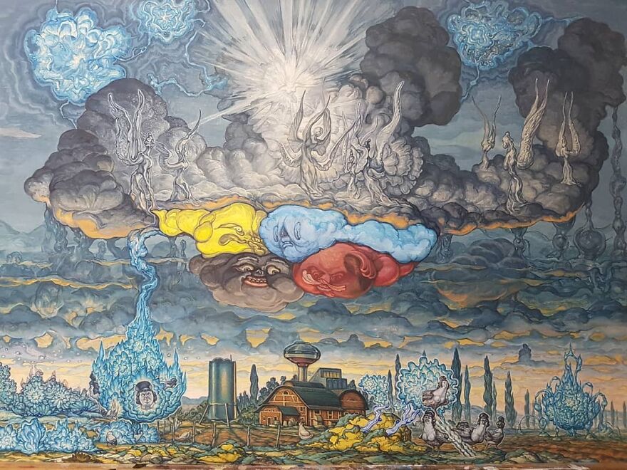 Haunting illustrations blending science, mystery, and story with surreal clouds and otherworldly landscapes over a farm.