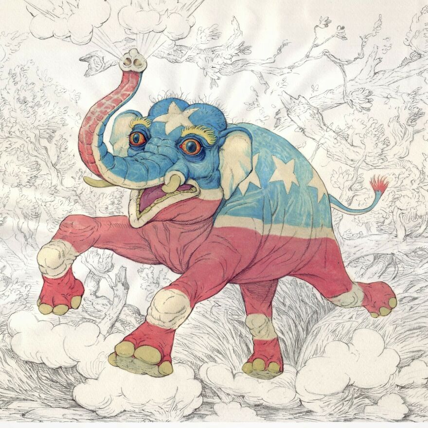 Surreal illustration of a colorful elephant with stars and stripes, blending science, mystery, and otherworldly worlds.