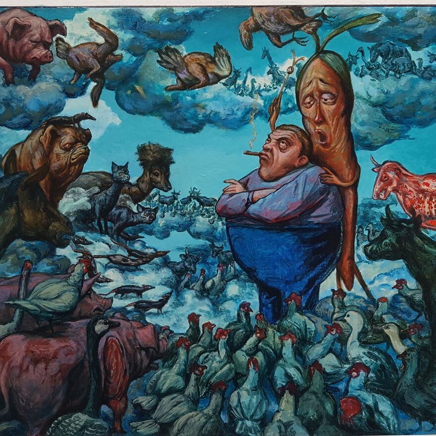 Surreal illustration blending science and mystery with a man surrounded by animals and fantastical creatures in a cloudy sky.