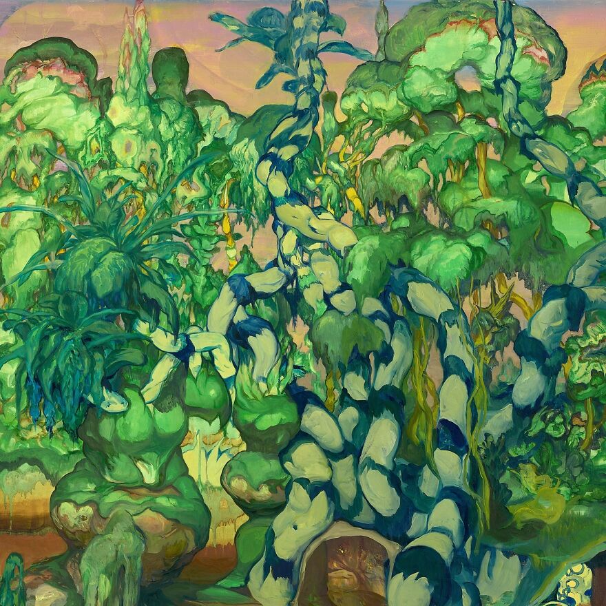 Surreal illustration blending science and mystery with organic, otherworldly plant forms in a haunting, imaginative landscape.