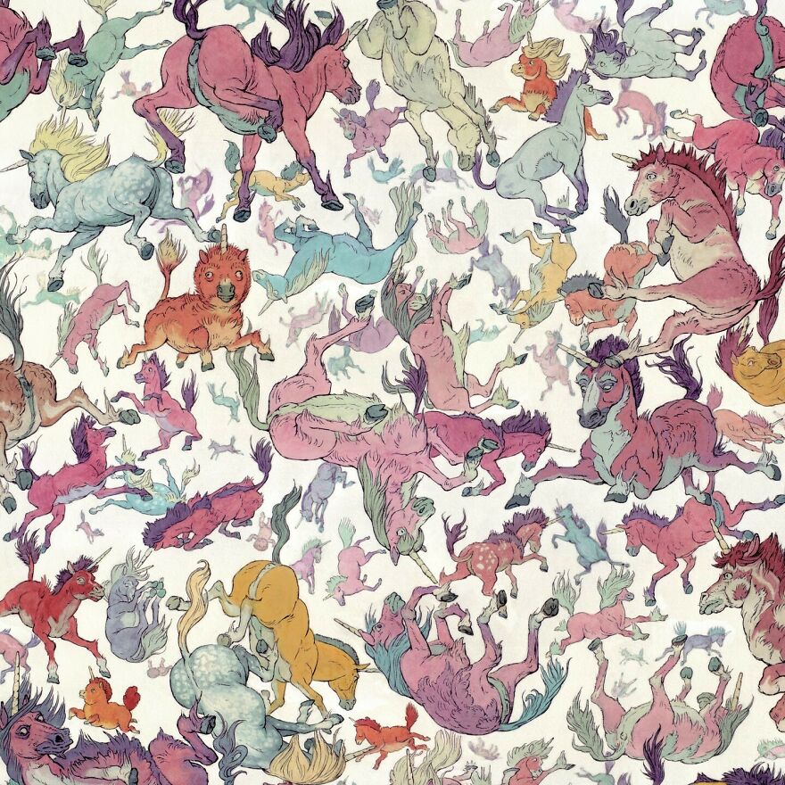 Colorful otherworldly illustration featuring surreal horses and mysterious creatures blending science and story elements.