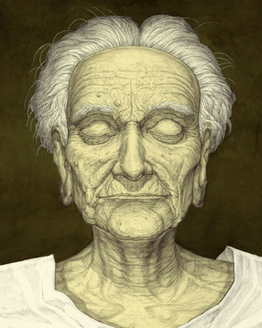 Haunting illustration of an elderly figure with closed eyes, blending science and mystery in an otherworldly style.